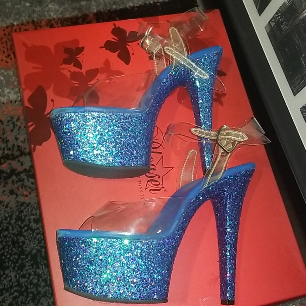 6 inch blue glitter Pleaser sandals